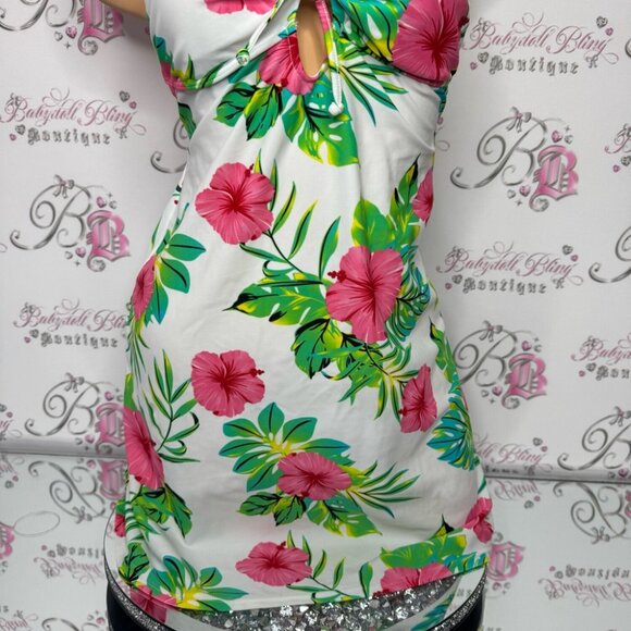 La vie en rose aqua dress tropical floral green pink white black blue strappy - Picture 7 of 10